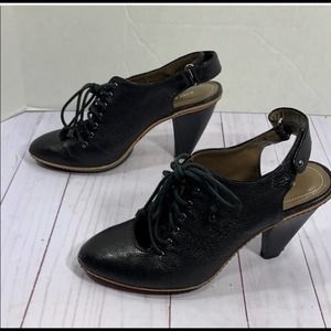 DKNYC Courtney Lace Up Leather Strap Heels Black/Brown